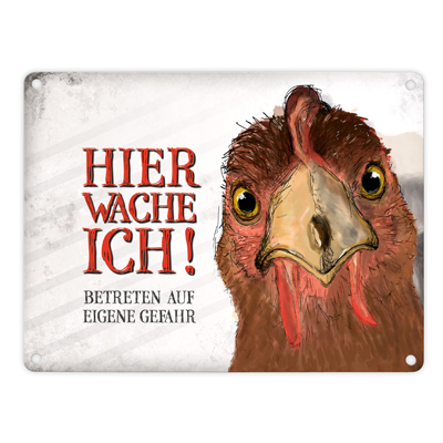 Dekoratives Blechschild mit Huhn "HIER WACHE ICH" 15x20 cm